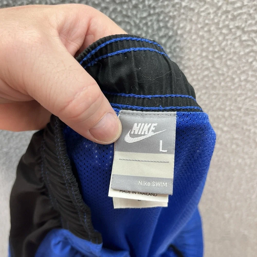 Nike Shorts Mens Large Blue Black‎ Swim Trunks Surfer Skater Small Swoosh Y2K